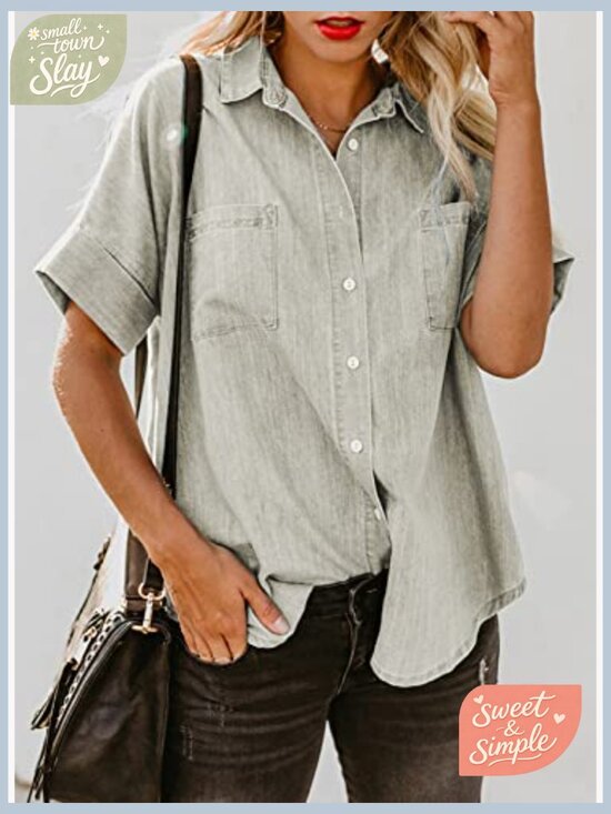 Women's V-Neck Button Down Shirt Short Sleeve Lightweight Cotton Casual - Picture 2 of 7